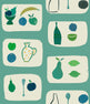 A wallpaper with a tile-like pattern featuring naive fruit designs such as pears, an apple, and a banana in various colors on a teal background.