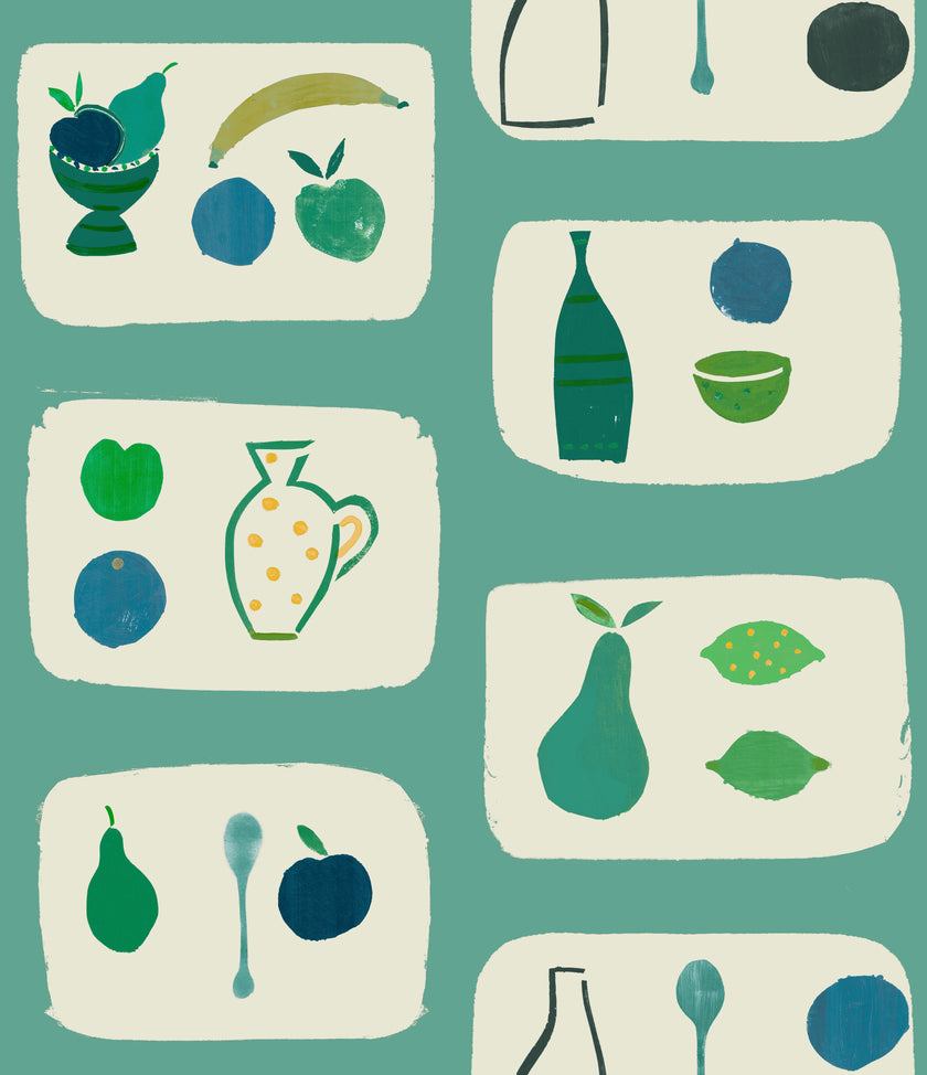 A wallpaper with a tile-like pattern featuring naive fruit designs such as pears, an apple, and a banana in various colors on a teal background.