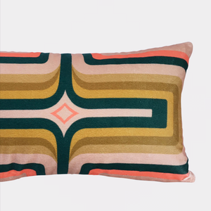 Retro Geometric Velvet Cushion - Blush + Green