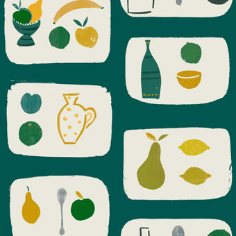 A wallpaper with a tile-like pattern featuring naive fruit illustrations such as bananas, apples, and pears in green and yellow tones on a dark background.