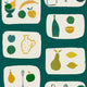A wallpaper with a tile-like pattern featuring naive fruit illustrations such as bananas, apples, and pears in green and yellow tones on a dark background.