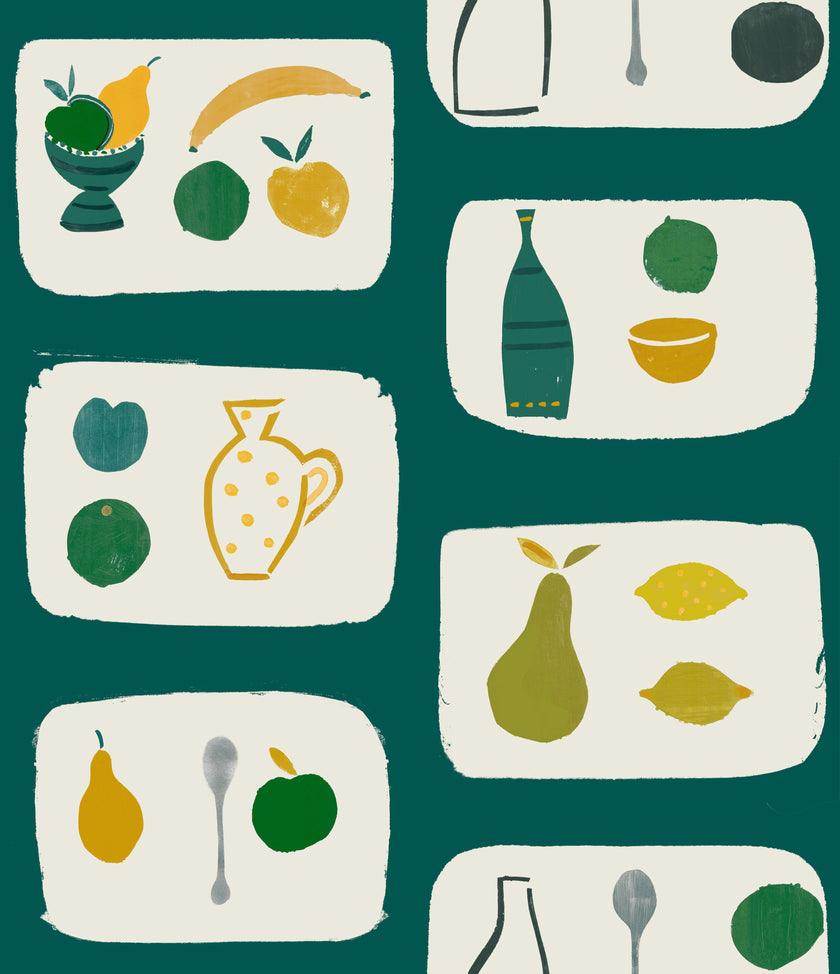 A wallpaper with a tile-like pattern featuring naive fruit illustrations such as bananas, apples, and pears in green and yellow tones on a dark background.