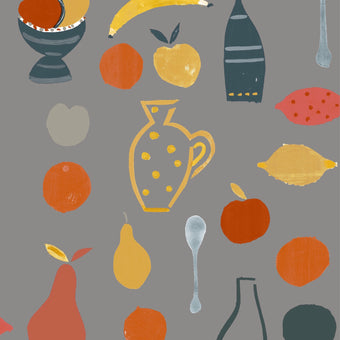 A grey wallpaper with a pattern of colorful fruit motifs, including vases, bottles, and various fruits like apples and pears.