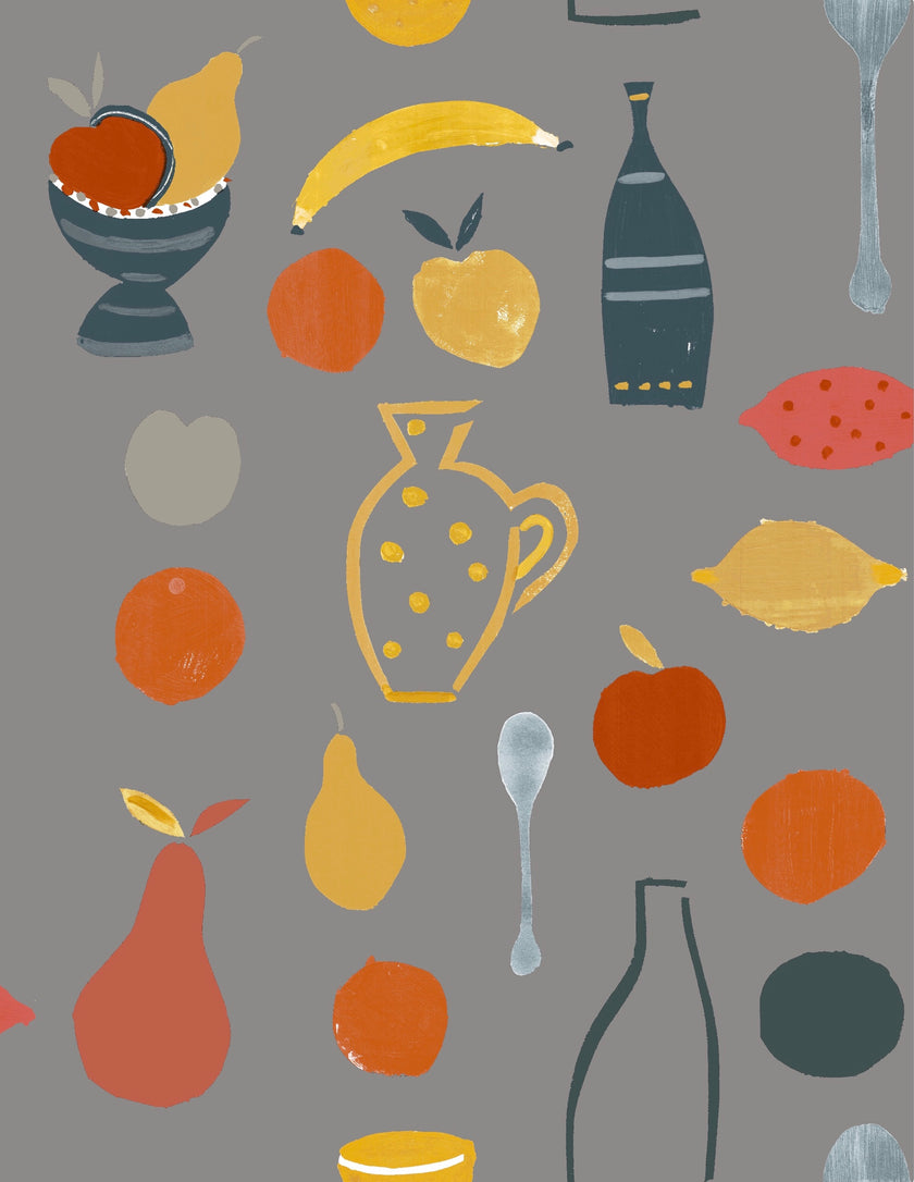 A grey wallpaper with a pattern of colorful fruit motifs, including vases, bottles, and various fruits like apples and pears.